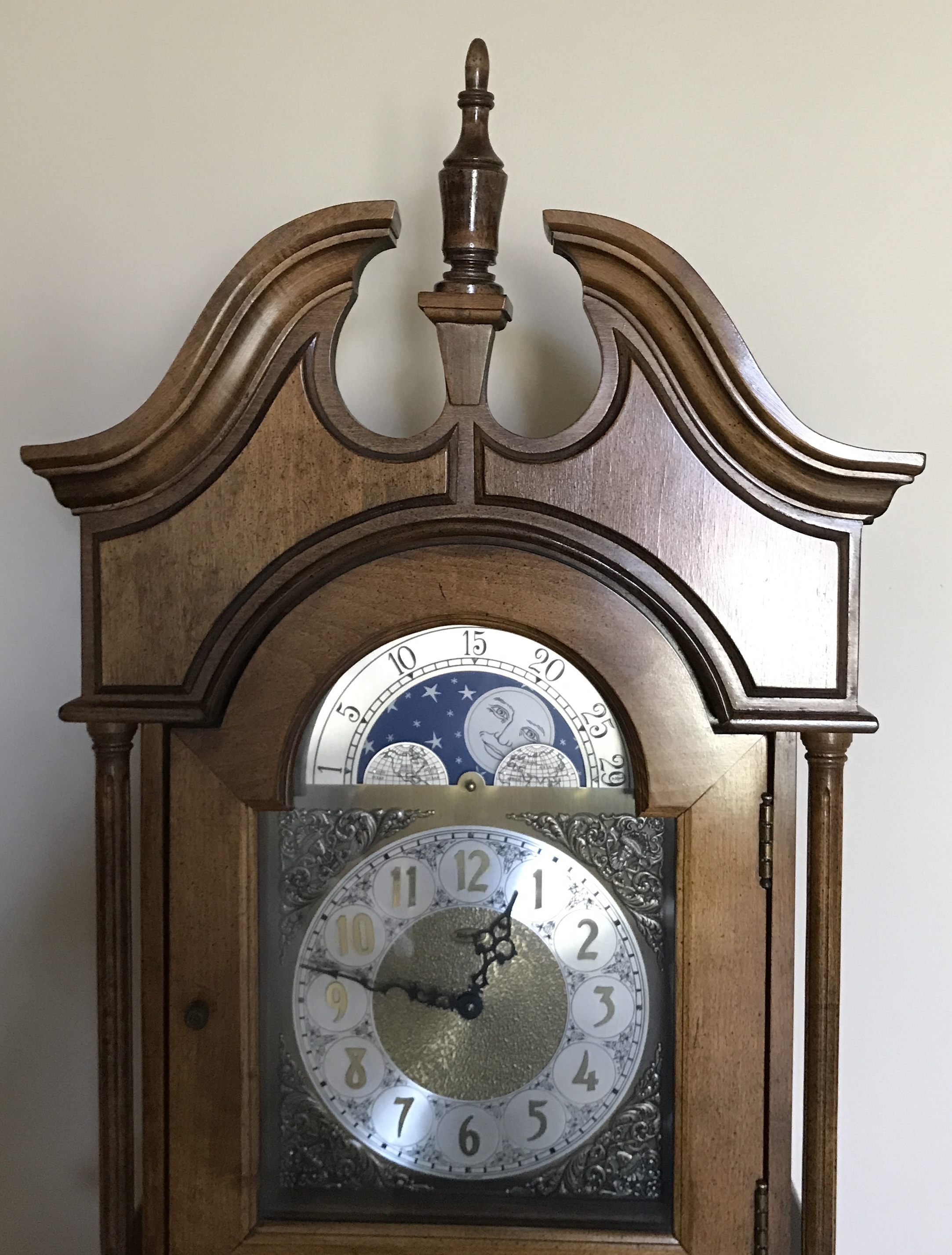 The finial installed on the grandfather clock